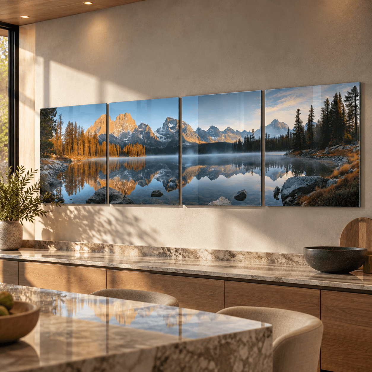 Sunrise lake and mountain glass wall art viewed from a dining room table